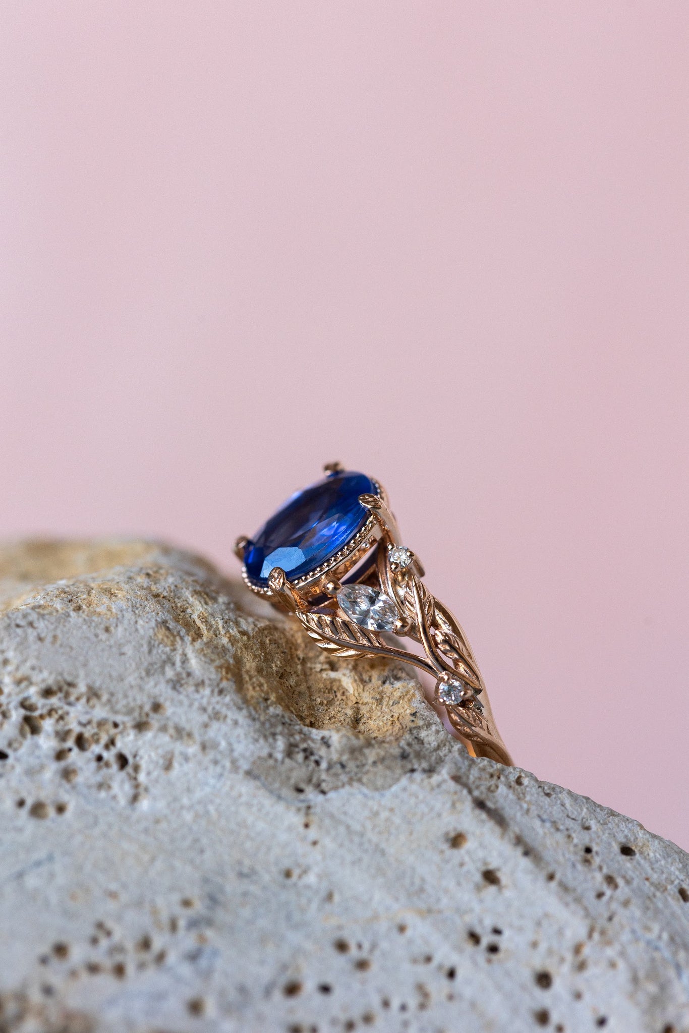 READY TO SHIP: Patricia ring in 14K or 18K rose gold, natural vivid blue sapphire 8x6 mm, accent lab grown diamonds, AVAILABLE RING SIZES: 5.5 - 8.5 US