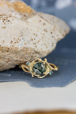 Round moss agate engagement ring with accent sapphires, nature themed proposal ring with diamonds  / Undina - Eden Garden Jewelry™