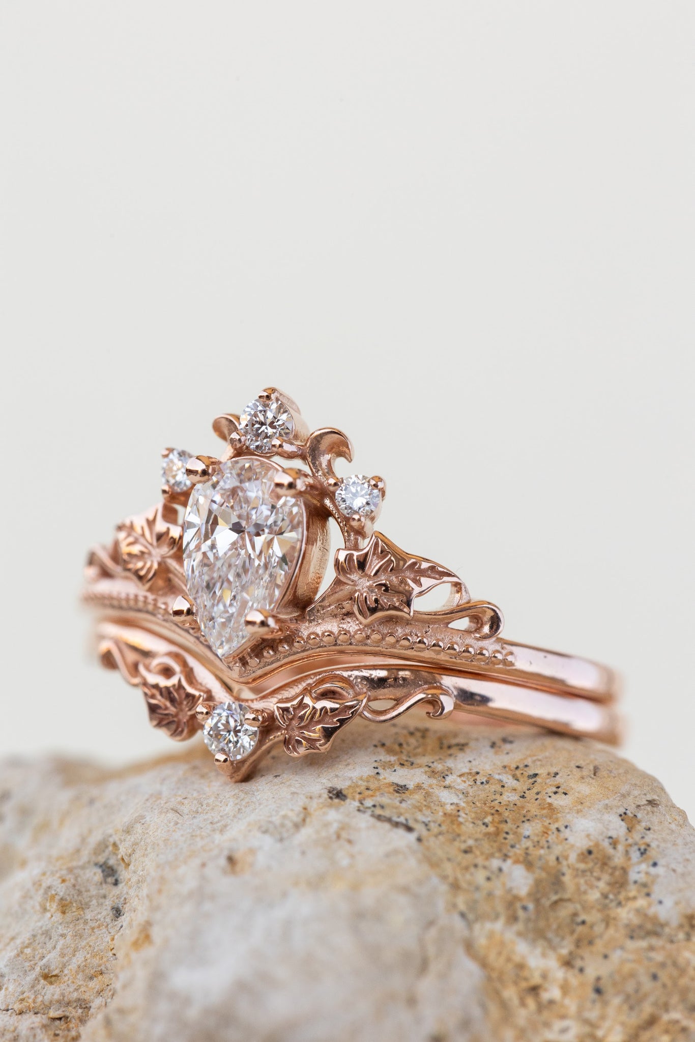 READY TO SHIP: Ariadne bridal set in 14K or 18K rose gold, pear cut lab grown diamond 7x5 mm, accents lab grown diamonds, RING SIZE: 5.5 - 8.5 US US