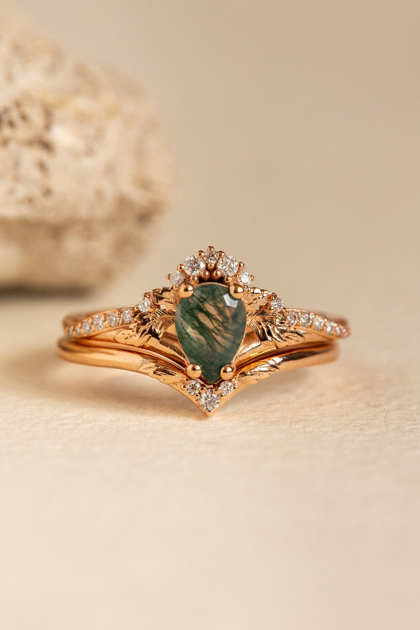 Natural green moss agate bridal ring set / Amelia - Eden Garden Jewelry™