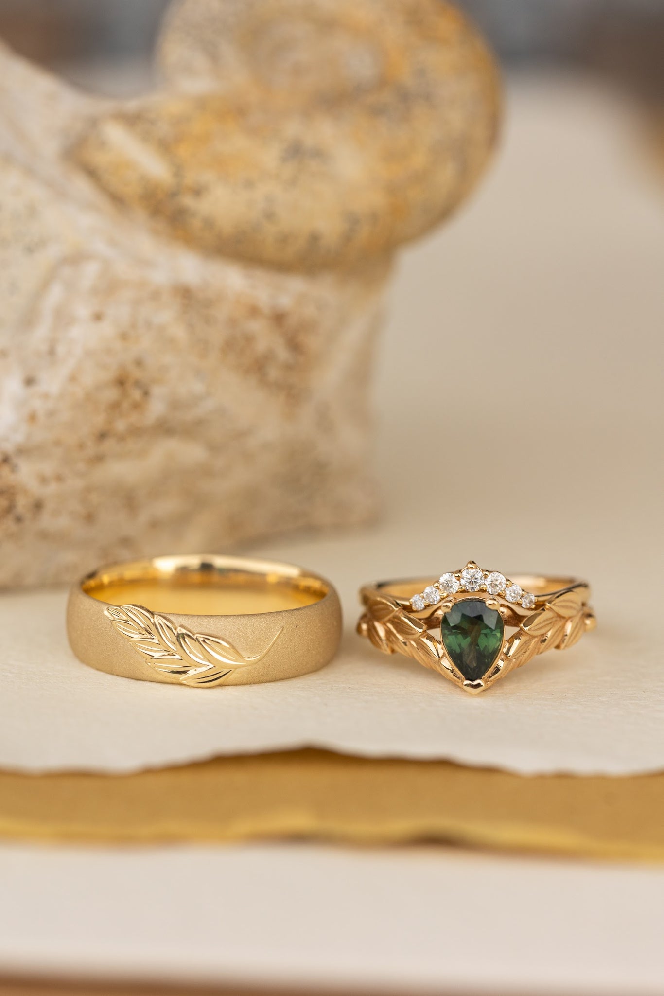 Wedding rings set for couple: palm leaf satin wedding band for him, Palmira ring set with natural green sapphire for her - Eden Garden Jewelry™