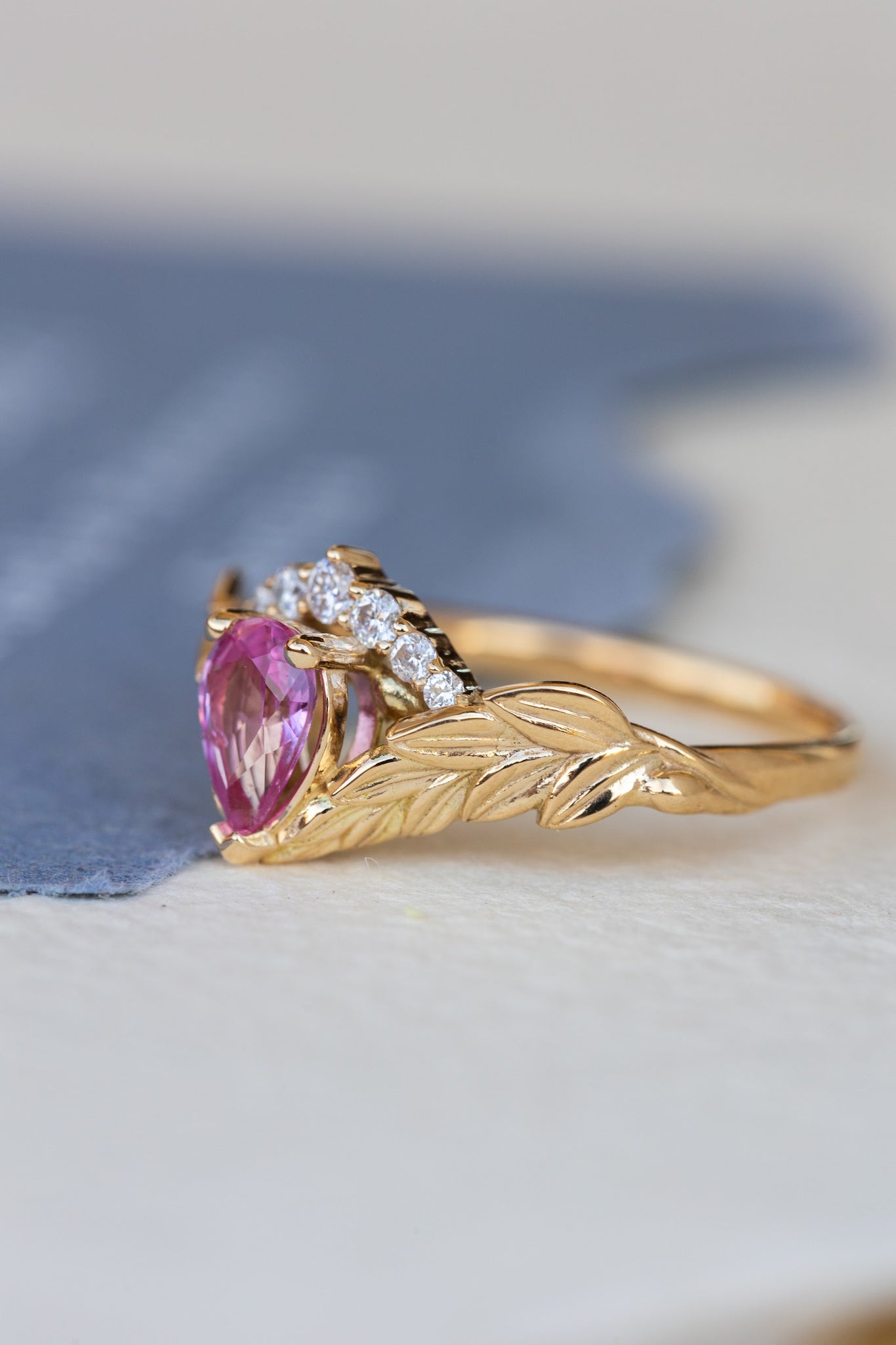 Pink sapphire and diamond crown engagement ring, rose gold leaves ring with diamonds / Palmira Crown - Eden Garden Jewelry™