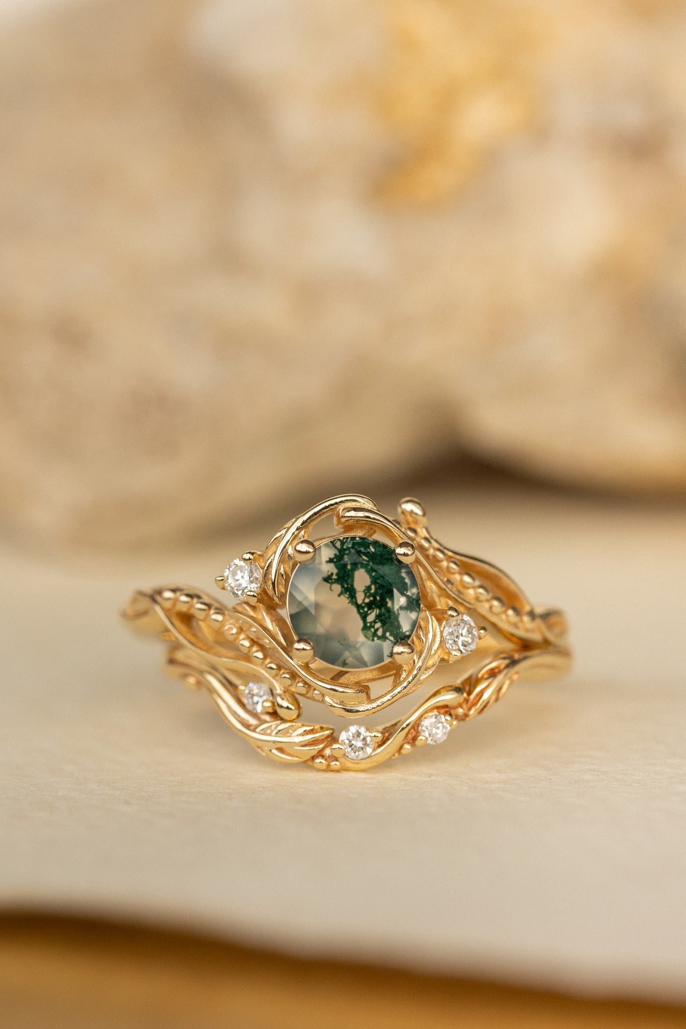 Gold bridal ring set with natural round moss agate and accent diamonds / Undina - Eden Garden Jewelry™