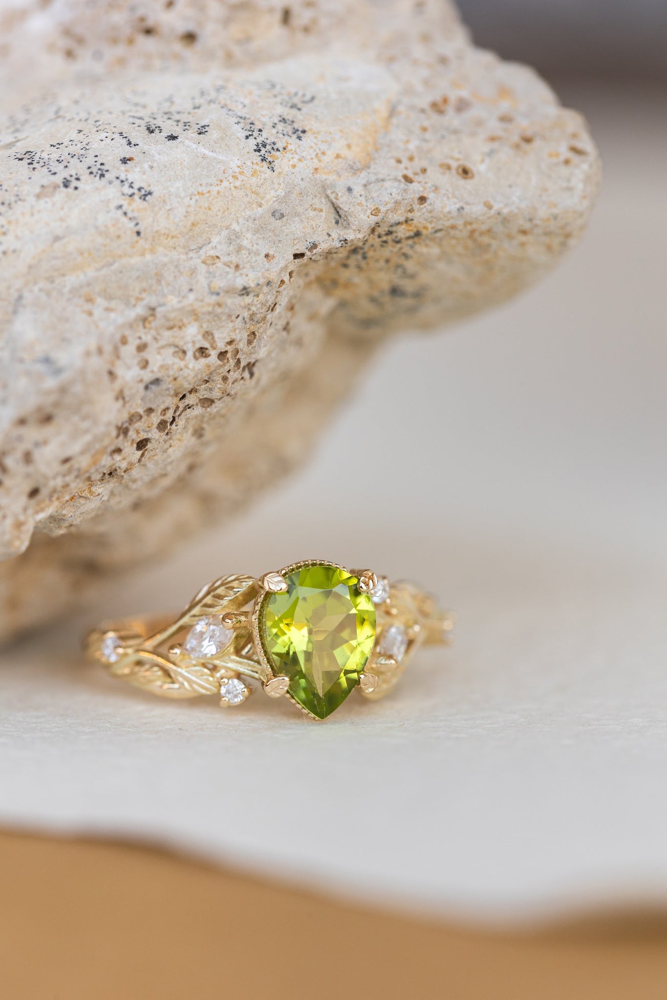 Natural peridot engagement ring, gold vines and leaves ring with accent diamonds  / Patricia - Eden Garden Jewelry™