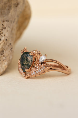 READY TO SHIP: Adonis ring in 14K rose gold, moss agate pear cut, accent lab grown diamonds, RING SIZE: 5.75 - 8.75 US