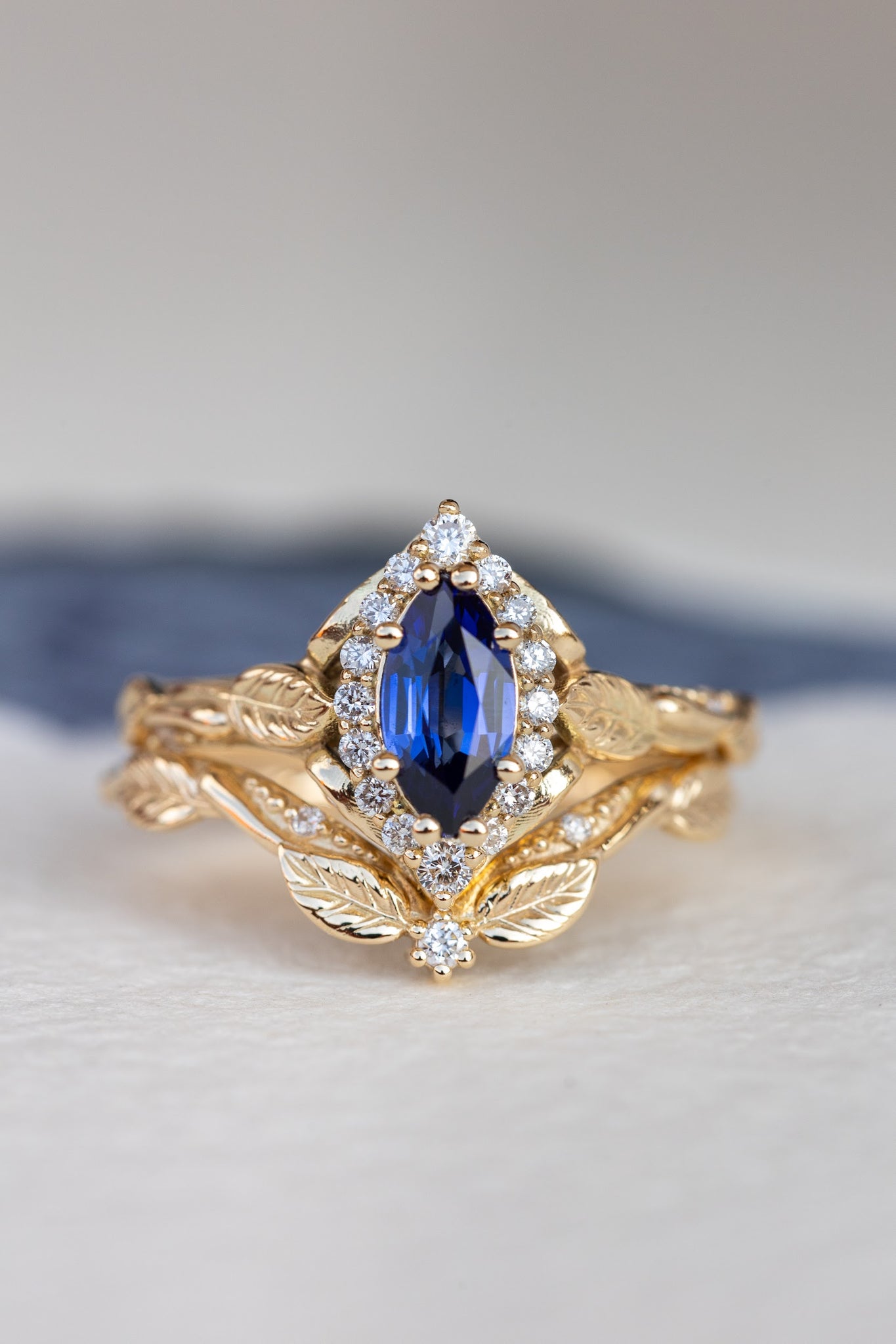 Marquise cut sapphire engagement ring set, nature inspired bridal ring set with diamond halo / Florentina - Eden Garden Jewelry™