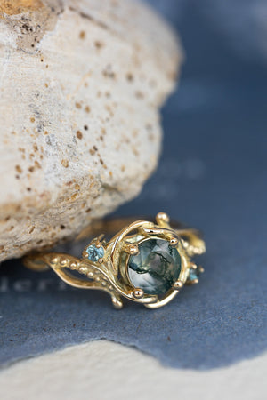 1 carat moss agate and accent teal sapphires engagement ring set, nature inspired bridal ring set / Undina - Eden Garden Jewelry™