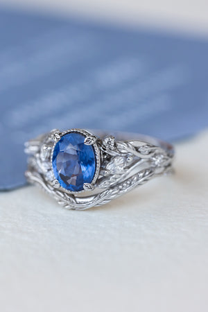 Genuine 1.5 carat sapphire engagement ring, nature inspired promise ring with diamonds / Patricia - Eden Garden Jewelry™