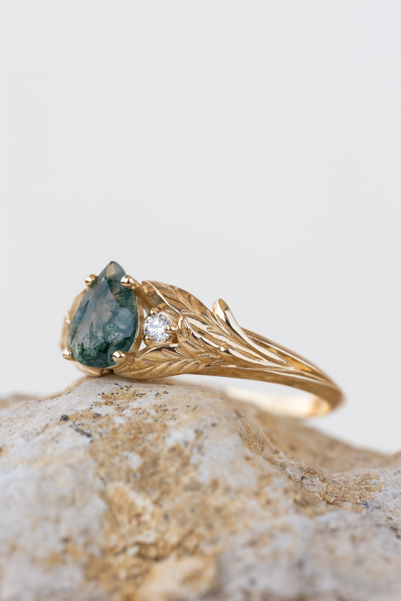 READY TO SHIP: Wisteria ring in 18K yellow gold, pear moss agate, accents lab grown diamonds, RING SIZE: 5.75 - 8.75 US