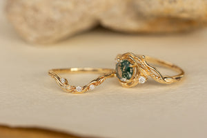 Natural moss agate yellow gold engagement ring with accent diamonds, nature themed proposal gold ring with diamonds / Undina - Eden Garden Jewelry™