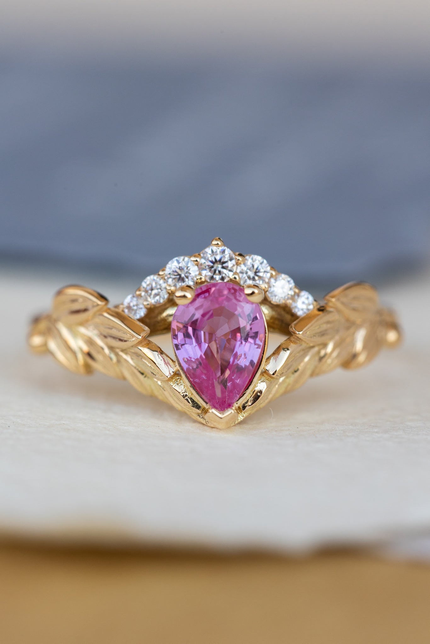 Genuine pink sapphire engagement ring set, gold palm leaves bridal ring set / Palmira Crown - Eden Garden Jewelry™