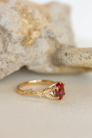 Freesia ring in 14K yellow gold, lab padparadscha sapphire,  8x6 mm oval cut - Eden Garden Jewelry™