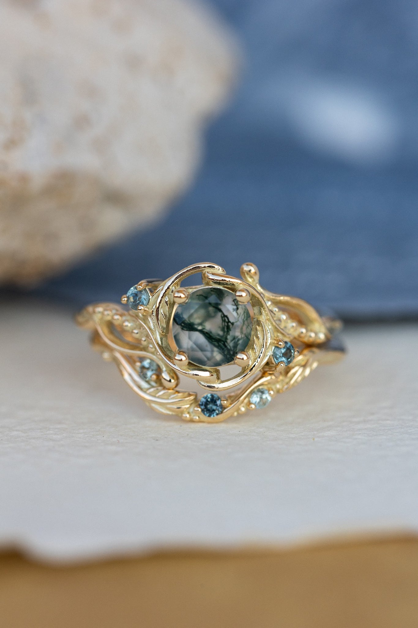 1 carat moss agate and accent teal sapphires engagement ring set, nature inspired bridal ring set / Undina - Eden Garden Jewelry™