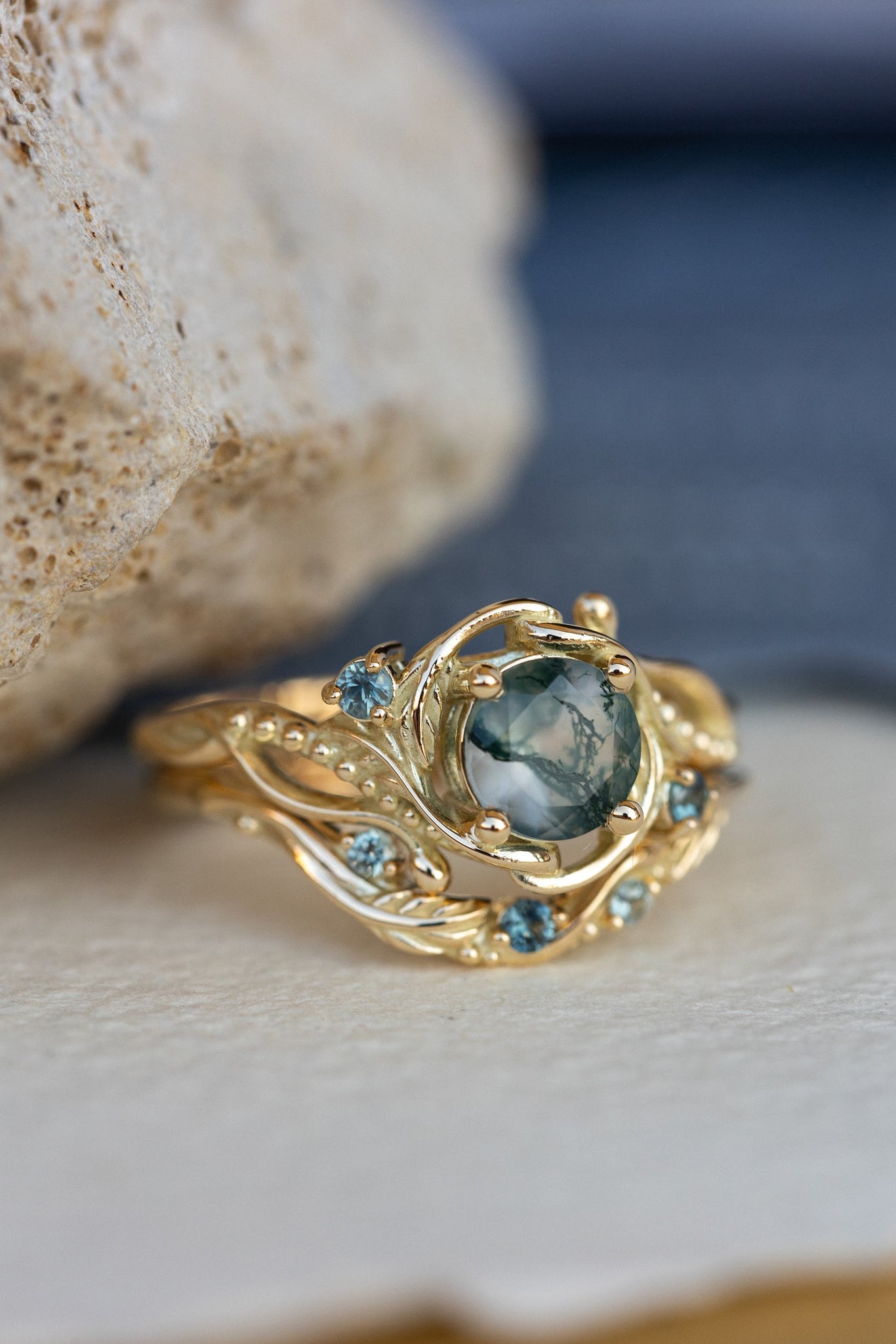 1 carat moss agate and accent teal sapphires engagement ring set, nature inspired bridal ring set / Undina - Eden Garden Jewelry™