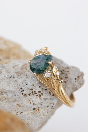 READY TO SHIP: Wisteria ring in 18K yellow gold, pear moss agate, accents lab grown diamonds, RING SIZE: 5.75 - 8.75 US