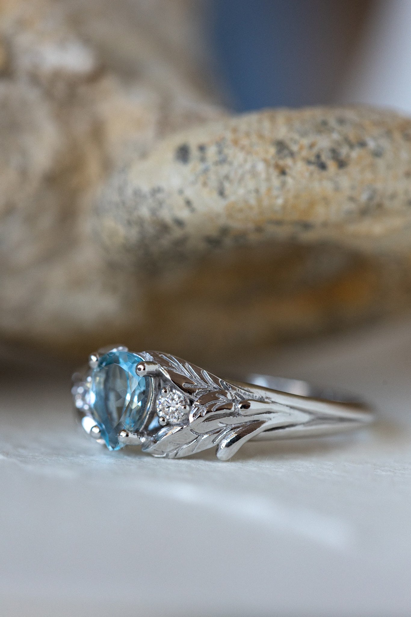 Natural aquamarine engagement ring, white gold leaf ring with accent diamonds / Wisteria - Eden Garden Jewelry™