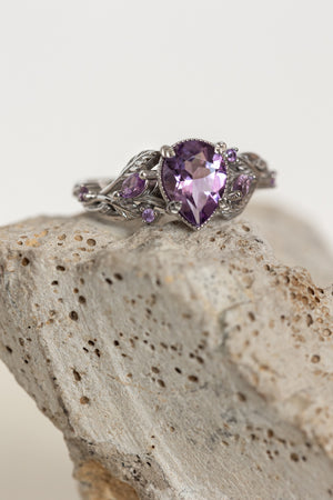 Patricia ring in 14K white gold, natural amethyst pear cut 8x6 mm, accent amethysts - Eden Garden Jewelry™