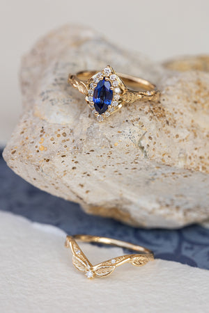 Dark blue lab sapphire engagement ring, gold proposal ring with marquise cut gemstone and diamond halo / Florentina - Eden Garden Jewelry™