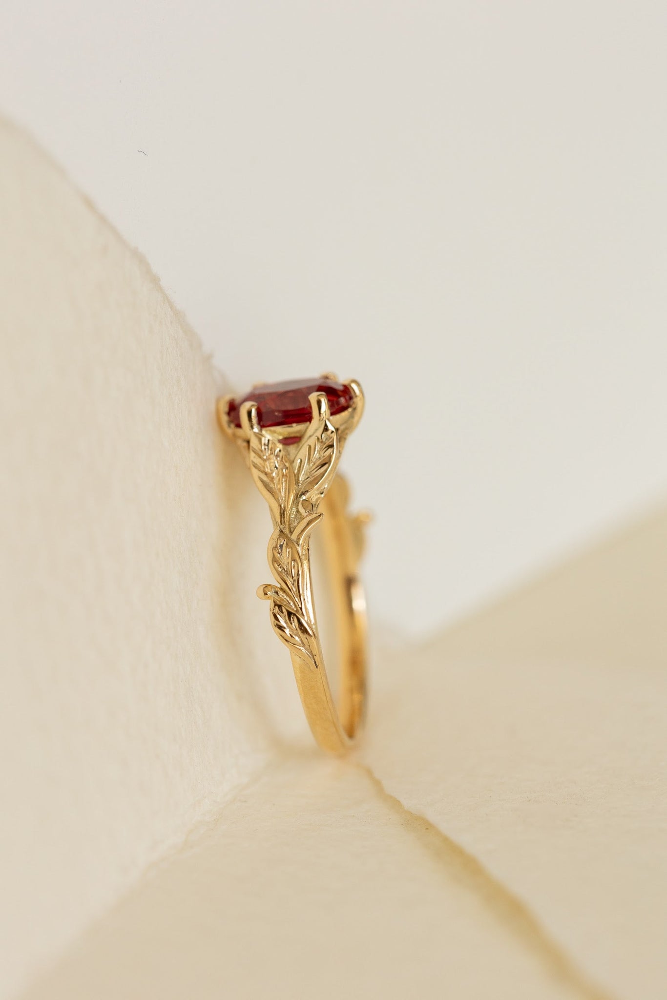 Freesia ring in 14K yellow gold, lab padparadscha sapphire,  8x6 mm oval cut - Eden Garden Jewelry™