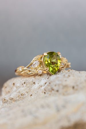 Natural peridot engagement ring, gold vines and leaves ring with accent diamonds  / Patricia - Eden Garden Jewelry™