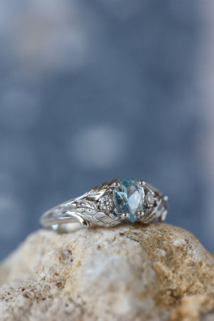 Natural aquamarine engagement ring, white gold leaf ring with accent diamonds / Wisteria - Eden Garden Jewelry™