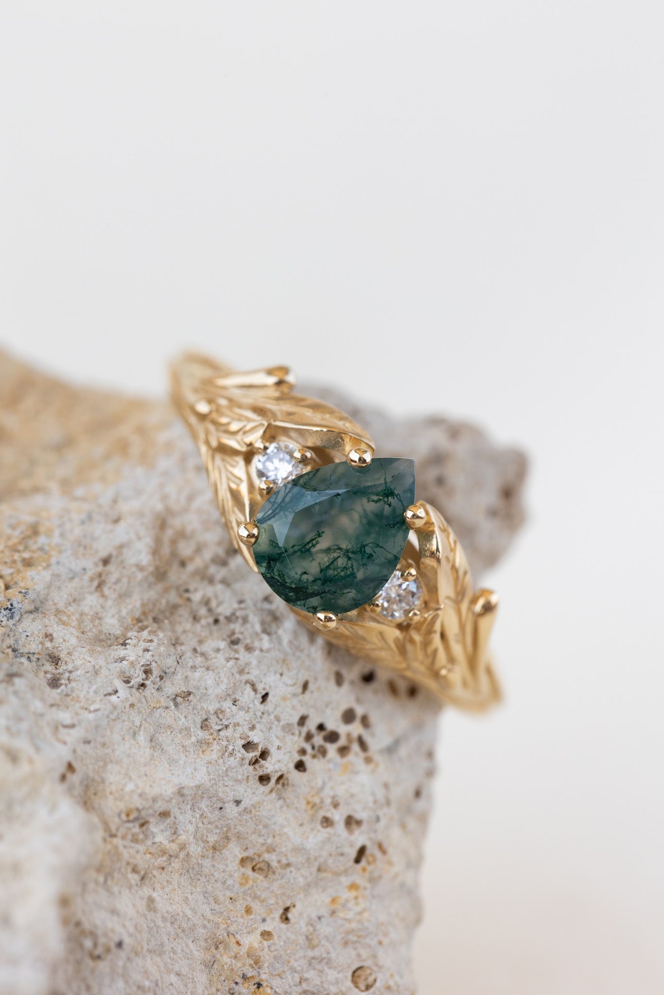 READY TO SHIP: Wisteria ring in 18K yellow gold, pear moss agate, accents lab grown diamonds, RING SIZE: 5.75 - 8.75 US