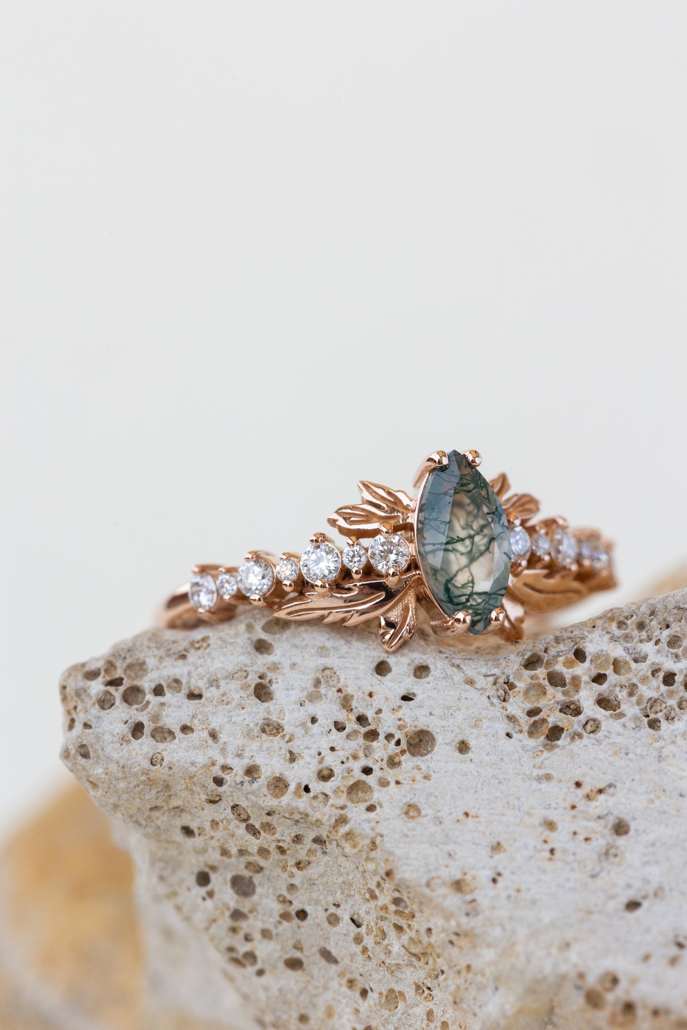 READY TO SHIP: Verbena ring in 14K rose gold, natural moss agate marquise cut 8x4 mm, accents lab grown diamonds, RING SIZE: 5.5 - 8.5 US