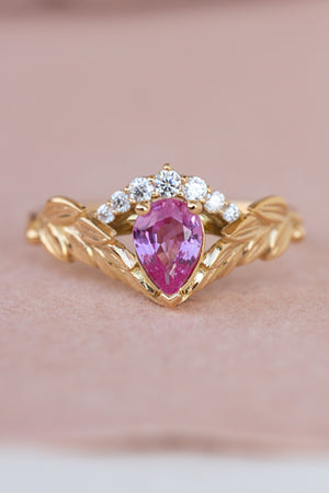 Pink sapphire and diamond crown engagement ring, rose gold leaves ring with diamonds / Palmira Crown - Eden Garden Jewelry™