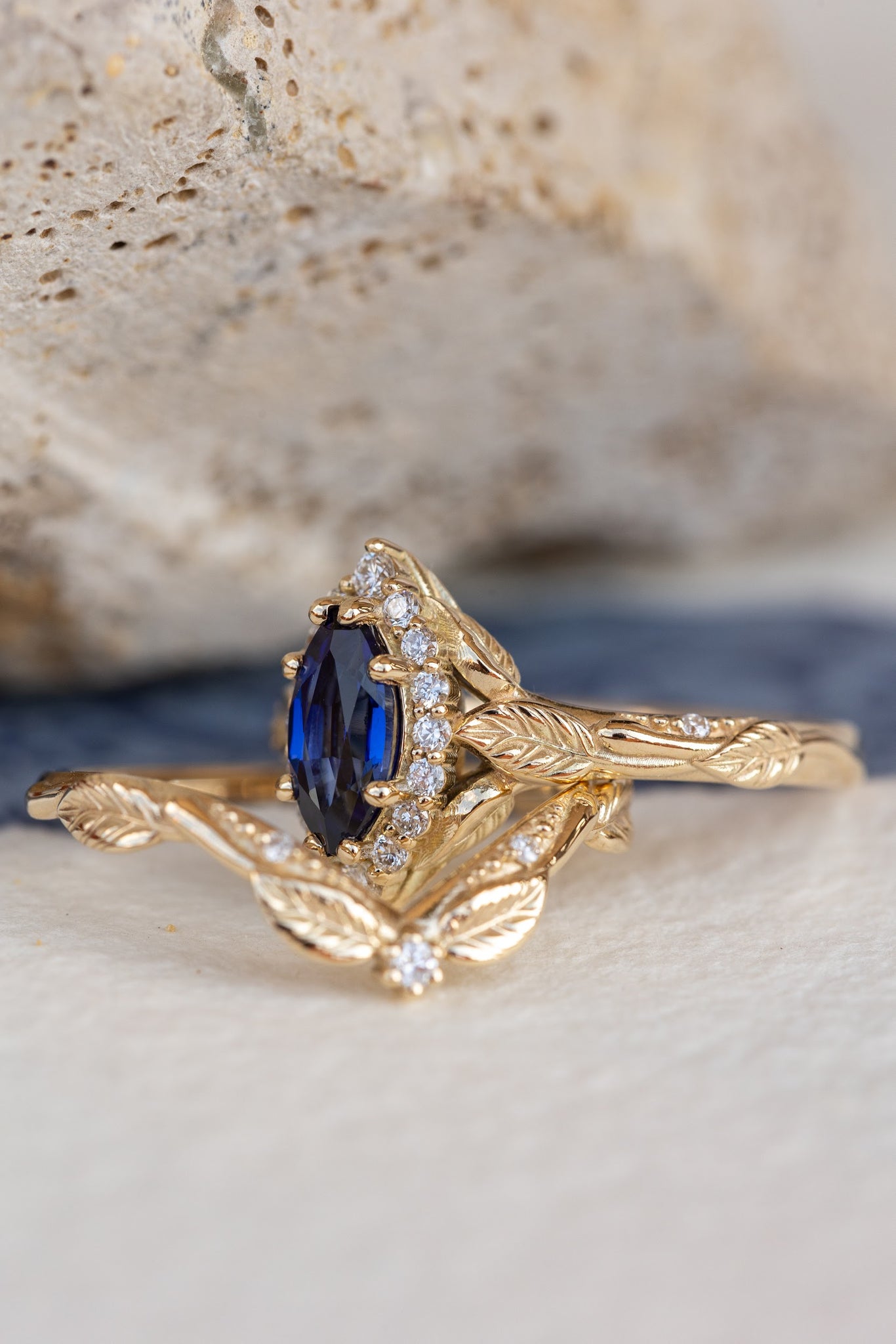 Dark blue lab sapphire engagement ring, gold proposal ring with marquise cut gemstone and diamond halo / Florentina - Eden Garden Jewelry™