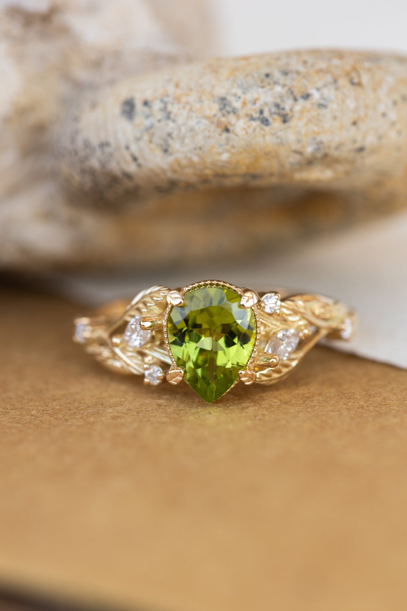 Natural peridot engagement ring, gold vines and leaves ring with accent diamonds  / Patricia - Eden Garden Jewelry™