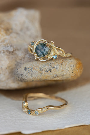 Round moss agate engagement ring with accent sapphires, nature themed proposal ring with diamonds  / Undina - Eden Garden Jewelry™