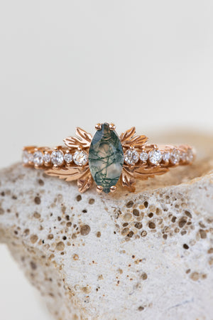 READY TO SHIP: Verbena ring in 14K rose gold, natural moss agate marquise cut 8x4 mm, accents lab grown diamonds, RING SIZE: 5.5 - 8.5 US