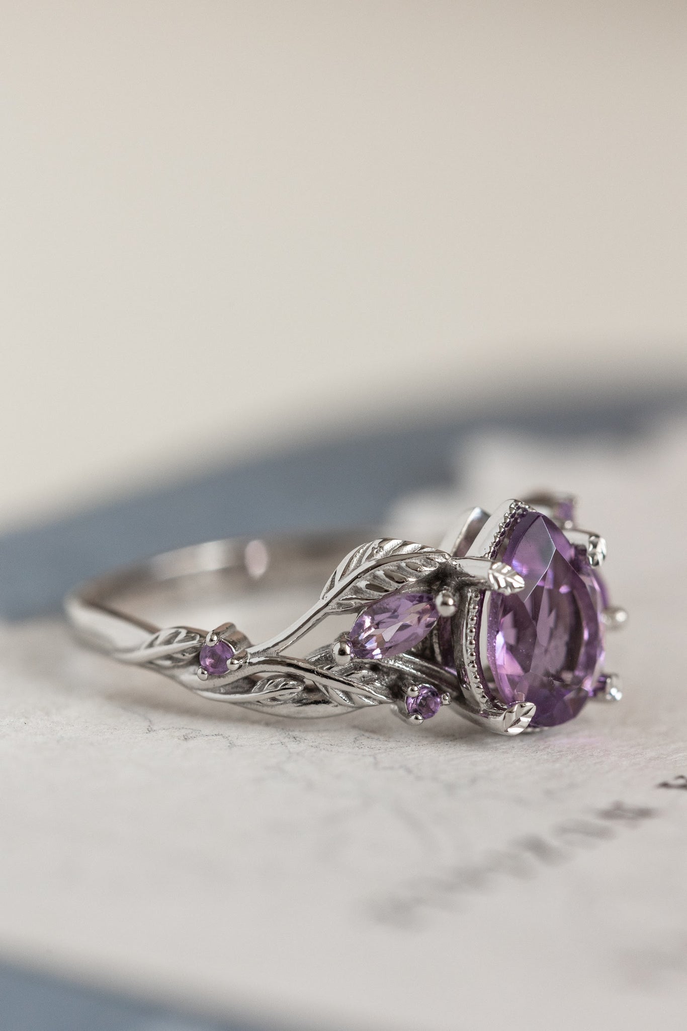 Patricia ring in 14K white gold, natural amethyst pear cut 8x6 mm, accent amethysts - Eden Garden Jewelry™