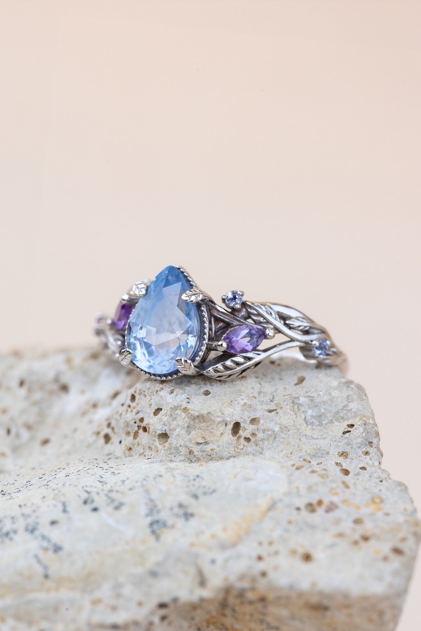 READY TO SHIP: Patricia ring in 14K white gold, natural sapphire pear cut 8x6 mm, accents amethysts and tanzanites, RING SIZE: 6 US