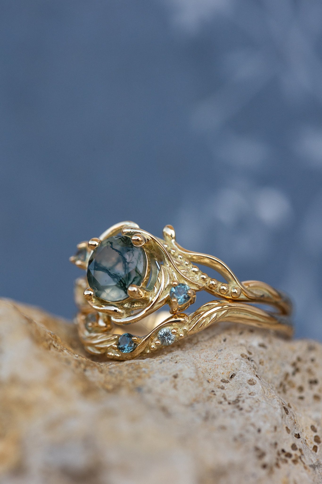 1 carat moss agate and accent teal sapphires engagement ring set, nature inspired bridal ring set / Undina - Eden Garden Jewelry™