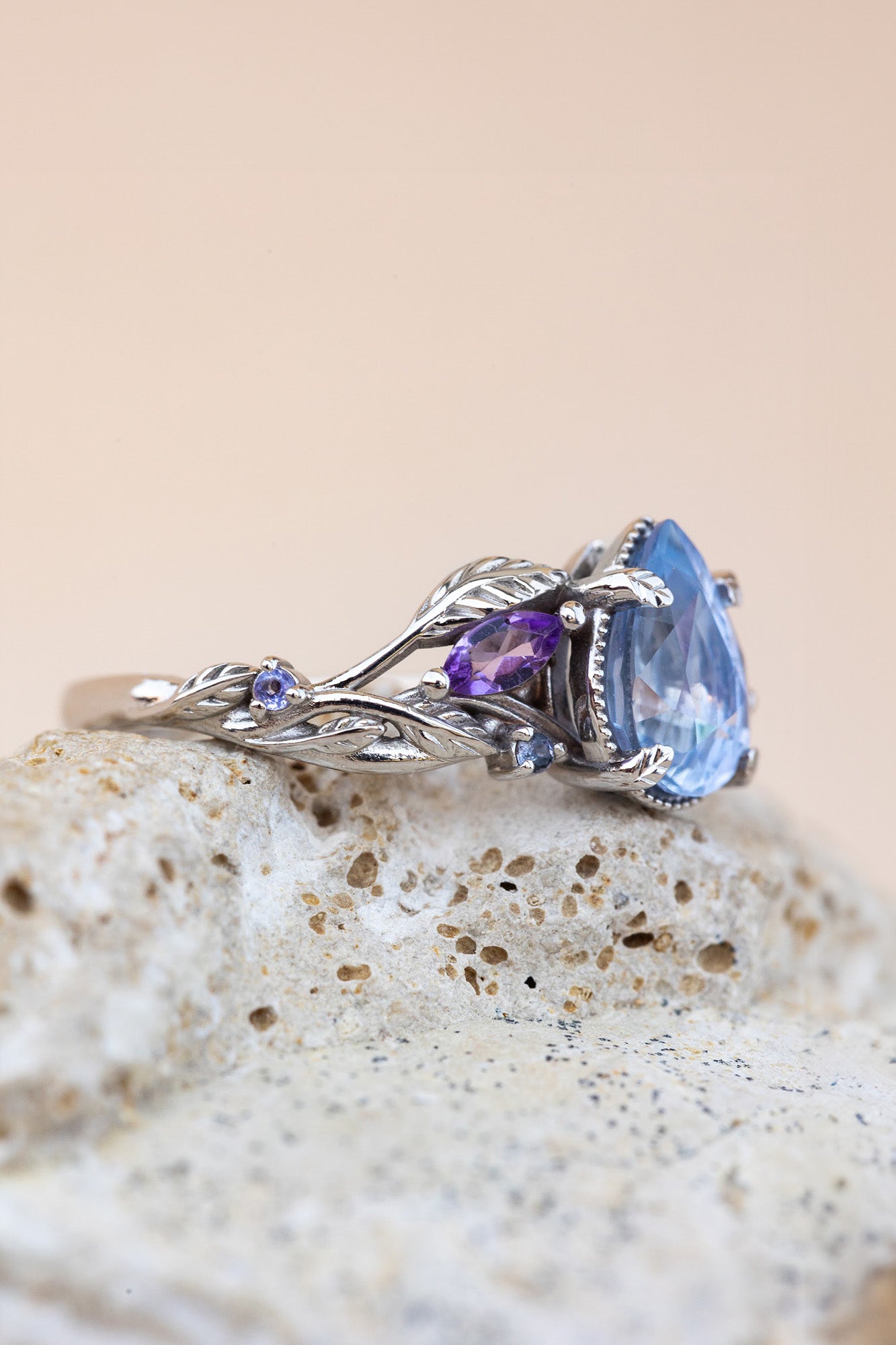 READY TO SHIP: Patricia ring in 14K white gold, natural sapphire pear cut 8x6 mm, accents amethysts and tanzanites, RING SIZE: 6 US