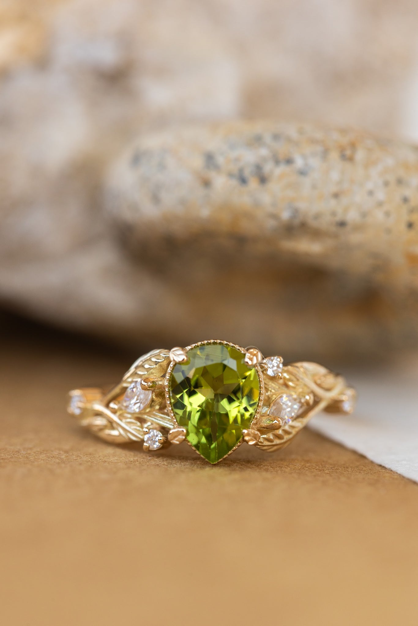 Natural peridot engagement ring, gold vines and leaves ring with accent diamonds  / Patricia - Eden Garden Jewelry™