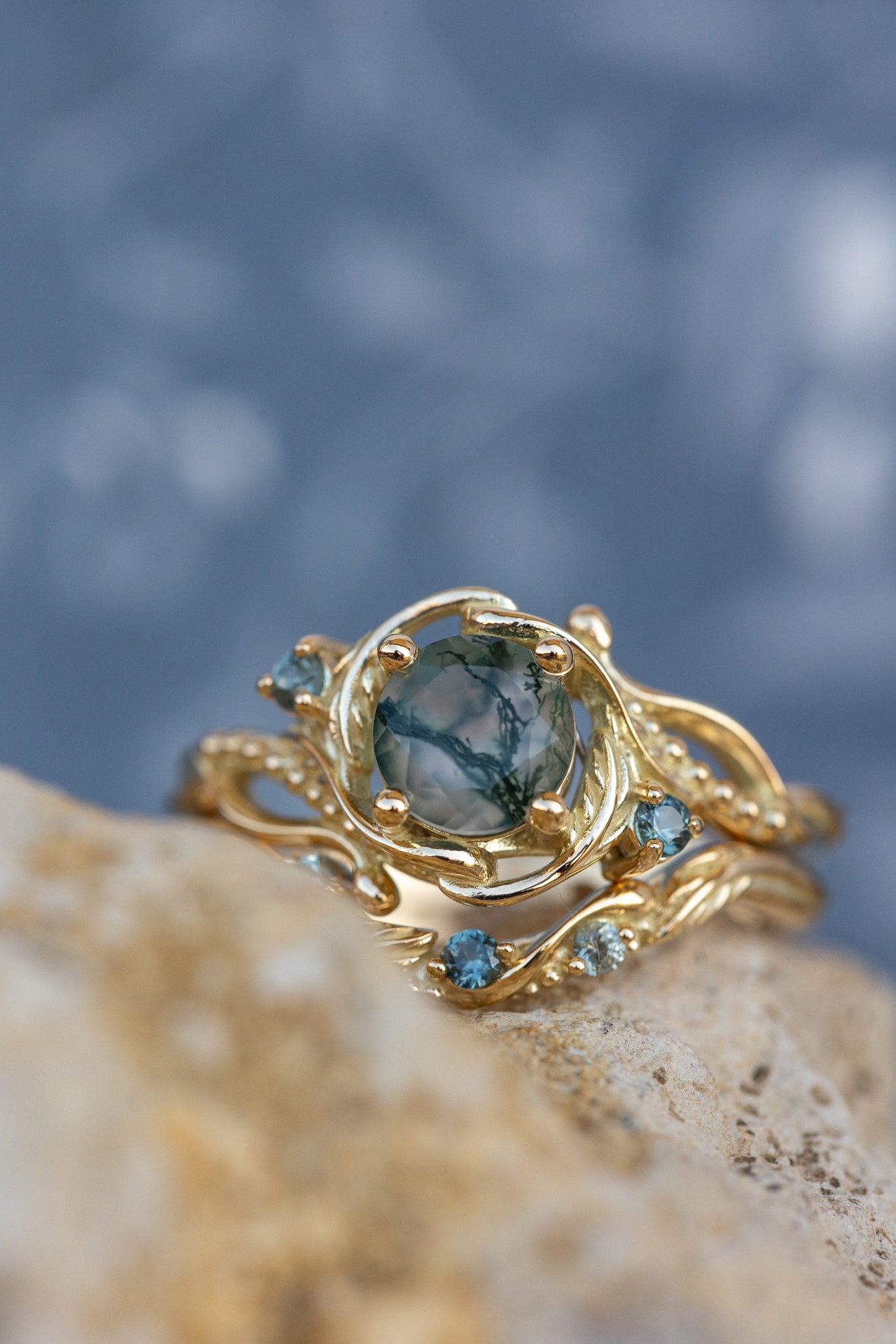 Round moss agate engagement ring with accent sapphires, nature themed proposal ring with diamonds  / Undina - Eden Garden Jewelry™