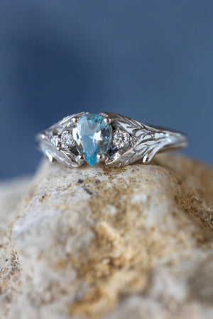 Natural aquamarine engagement ring, white gold leaf ring with accent diamonds / Wisteria - Eden Garden Jewelry™