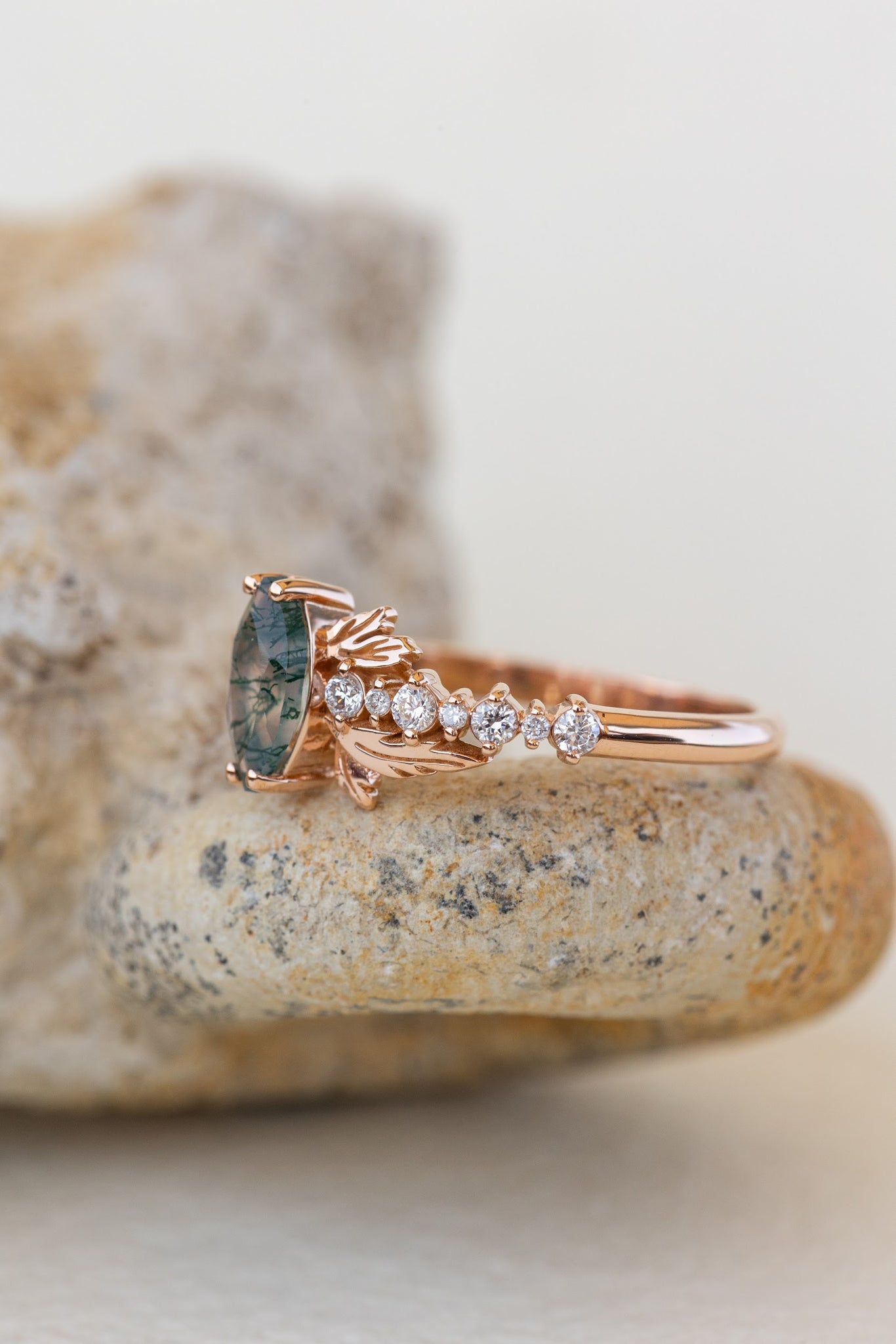 READY TO SHIP: Verbena ring in 14K rose gold, natural moss agate marquise cut 8x4 mm, accents lab grown diamonds, RING SIZE: 5.5 - 8.5 US