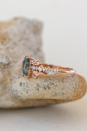 READY TO SHIP: Verbena ring in 14K rose gold, natural moss agate marquise cut 8x4 mm, accents lab grown diamonds, RING SIZE: 5.5 - 8.5 US