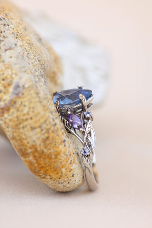 READY TO SHIP: Patricia ring in 14K white gold, natural sapphire pear cut 8x6 mm, accents amethysts and tanzanites, RING SIZE: 6 US