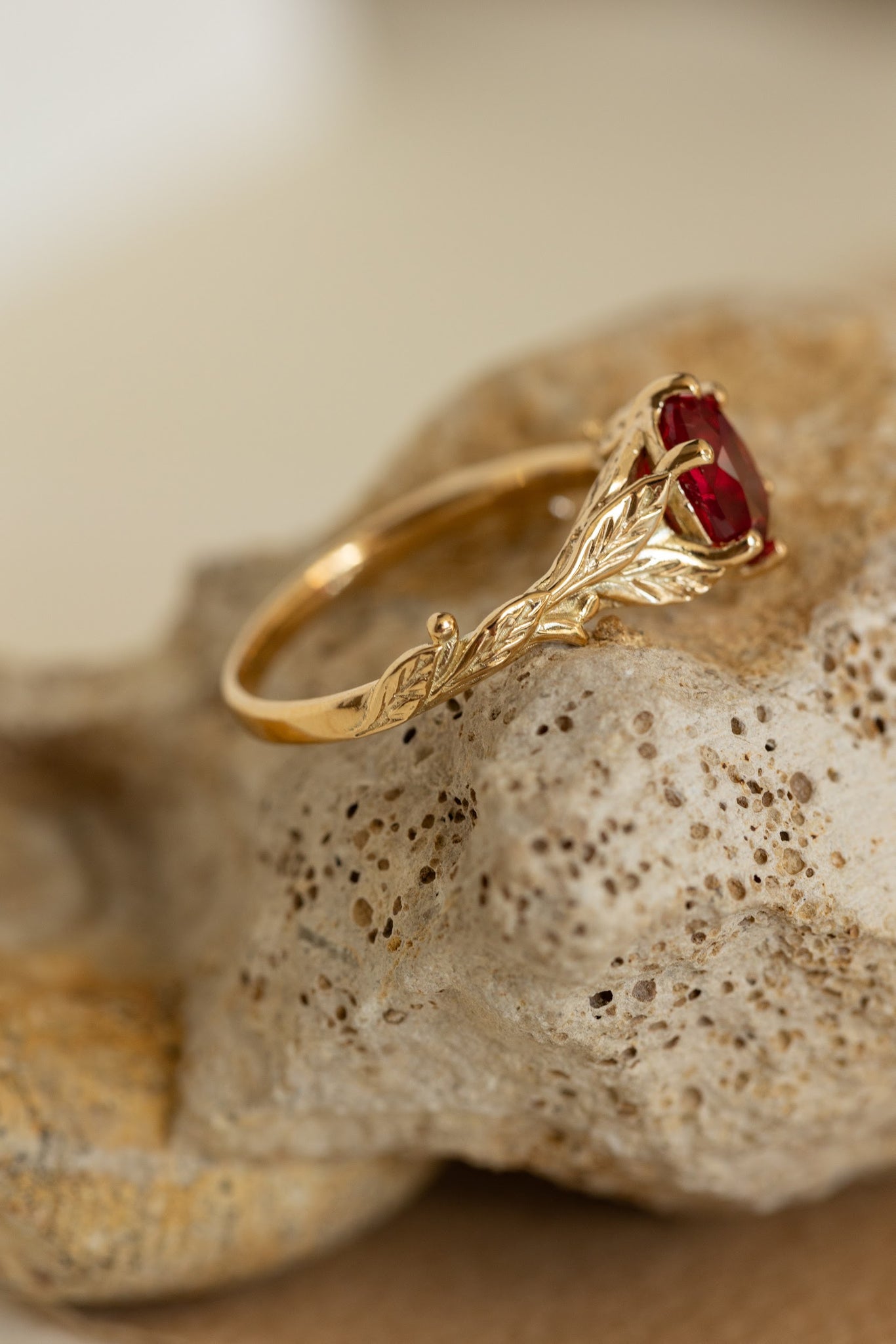 Freesia ring in 14K yellow gold, lab padparadscha sapphire,  8x6 mm oval cut - Eden Garden Jewelry™