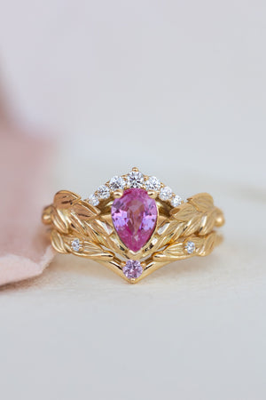 Genuine pink sapphire engagement ring set, gold palm leaves bridal ring set / Palmira Crown - Eden Garden Jewelry™