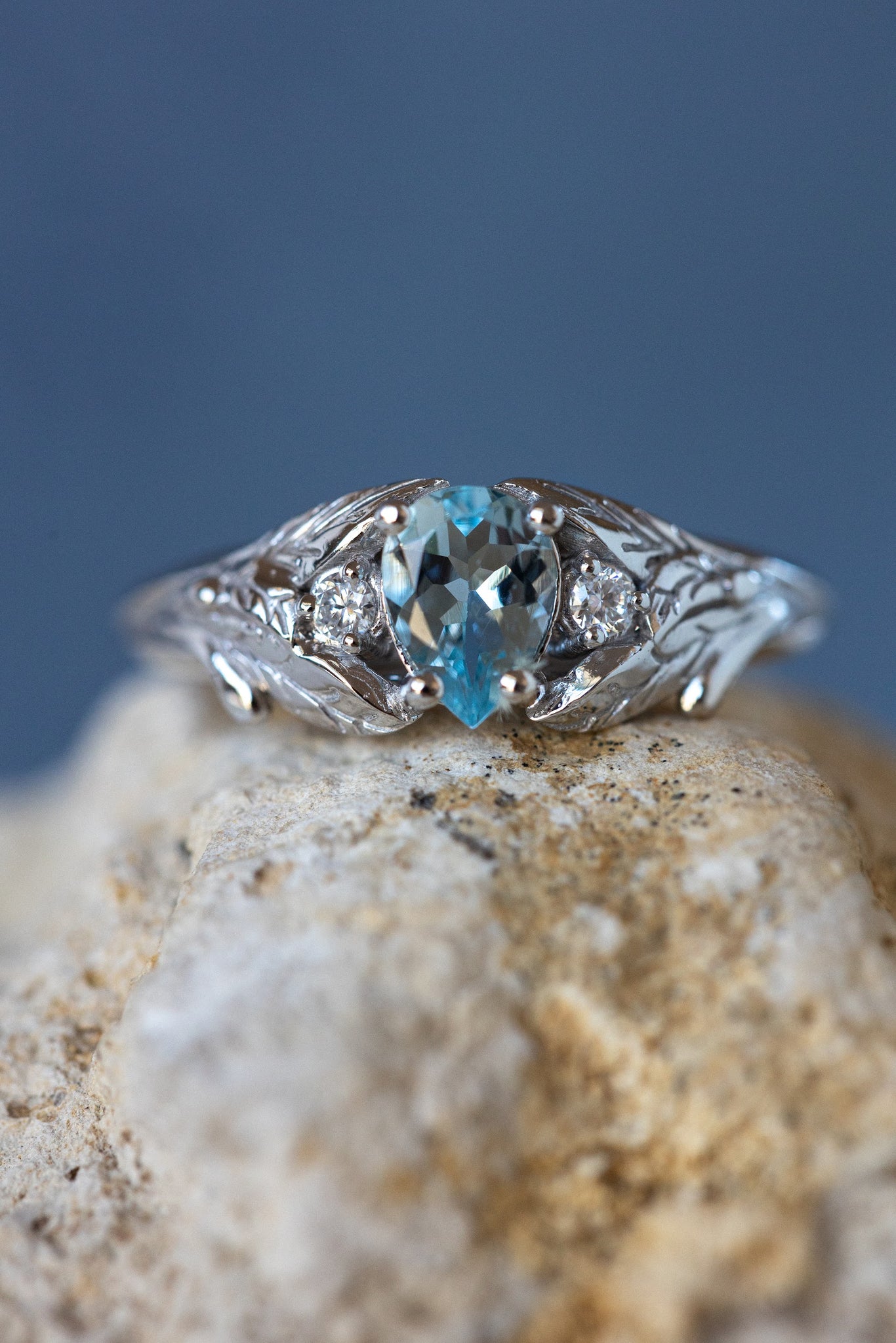 Natural aquamarine engagement ring, white gold leaf ring with accent diamonds / Wisteria - Eden Garden Jewelry™