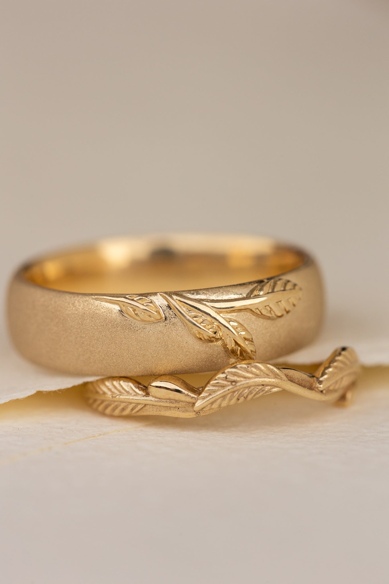 Wedding rings set for couples: satin band with branch for him, curved twig ring Azalea for her - Eden Garden Jewelry™