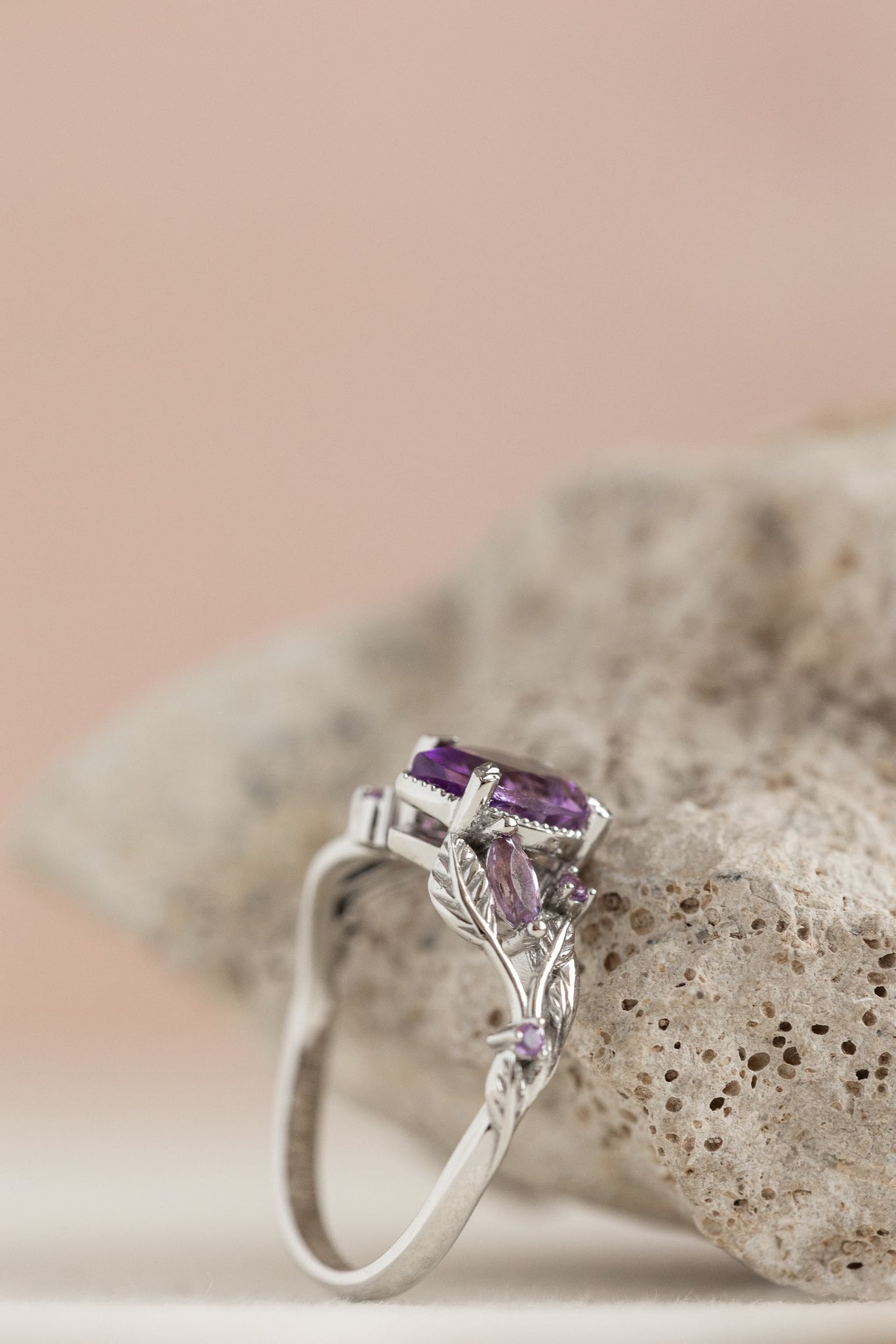 Patricia ring in 14K white gold, natural amethyst pear cut 8x6 mm, accent amethysts - Eden Garden Jewelry™