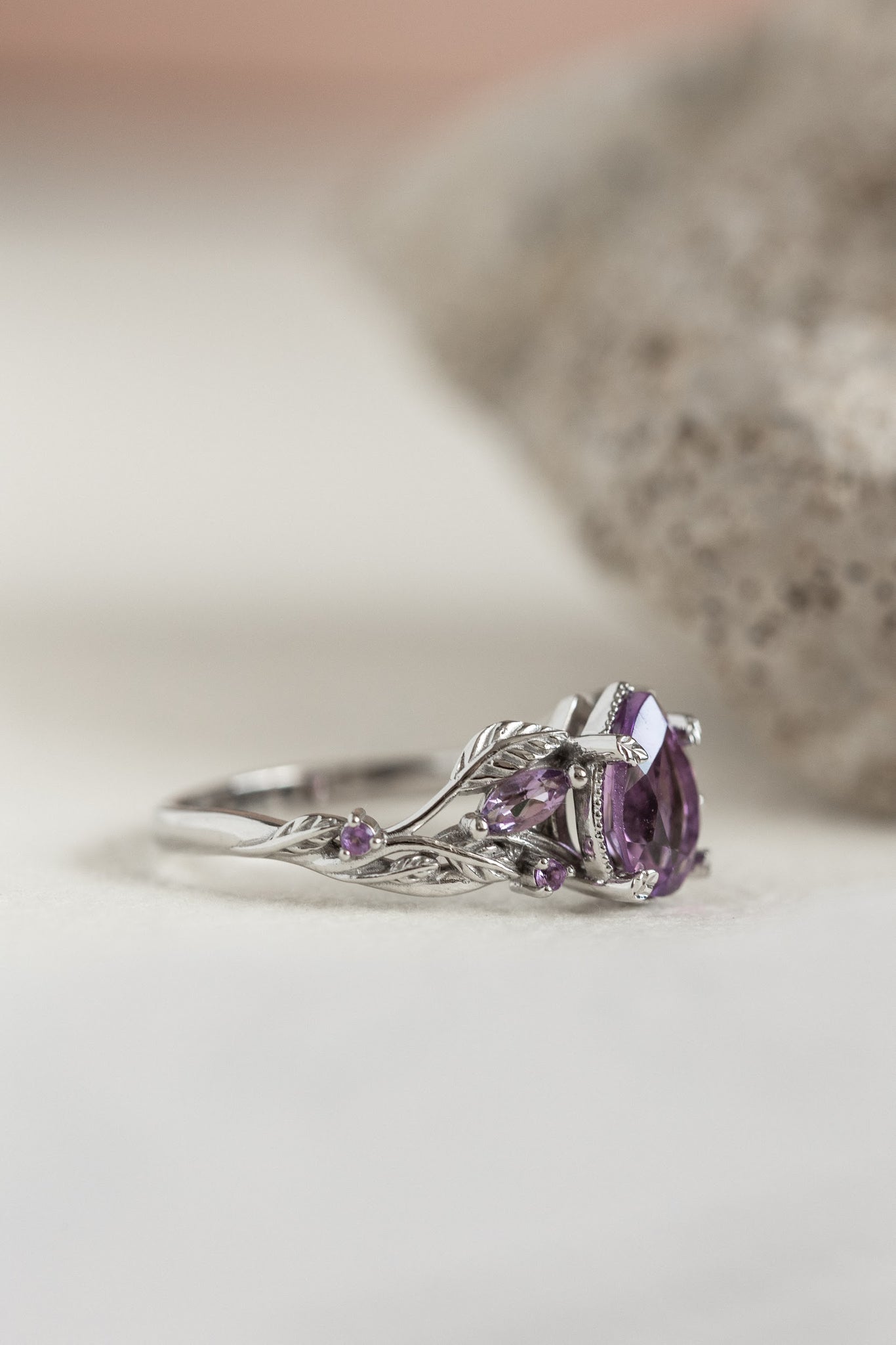 Patricia ring in 14K white gold, natural amethyst pear cut 8x6 mm, accent amethysts - Eden Garden Jewelry™