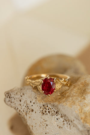 Freesia ring in 14K yellow gold, lab padparadscha sapphire,  8x6 mm oval cut - Eden Garden Jewelry™