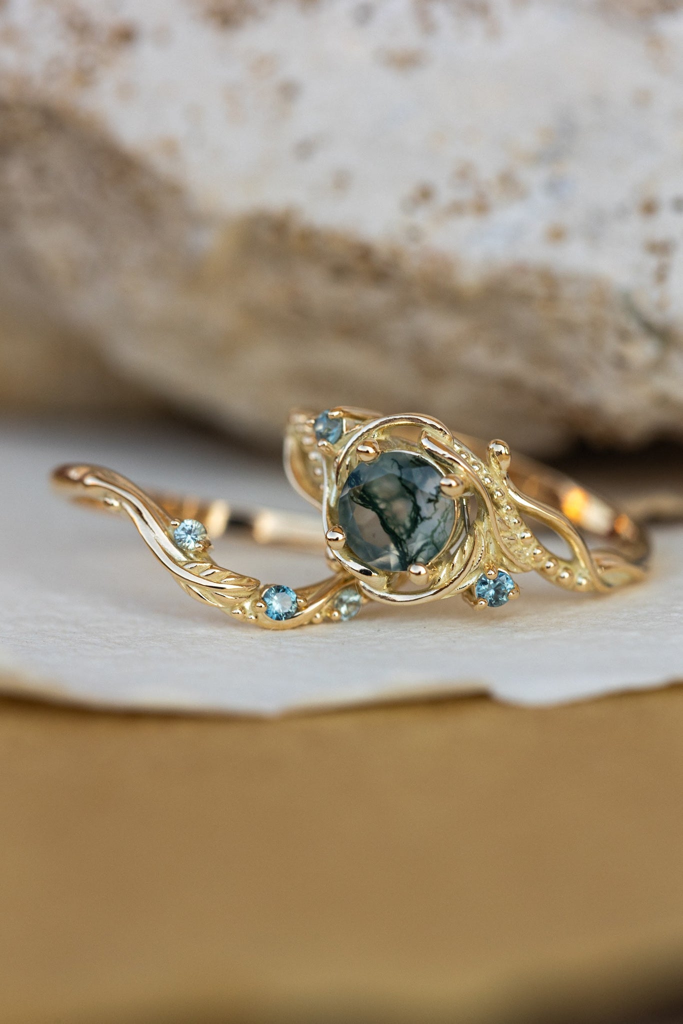 1 carat moss agate and accent teal sapphires engagement ring set, nature inspired bridal ring set / Undina - Eden Garden Jewelry™